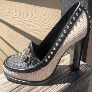 CHRISTMAS SALE! NEW Gucci Leather/Straw Studded Loafer Pump 36.5